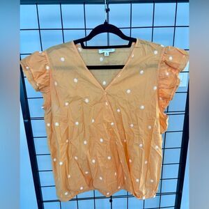 Calliegraphie orange blouse with embroidered white suns EUC